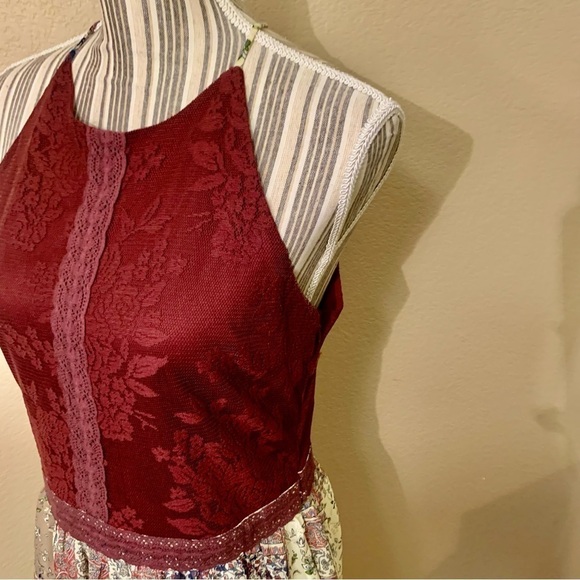 Doe & Rae Mini Dress Large Burgundy Floral Lace Patchwork Skirt Ivory Boho Flowy - Picture 8 of 16